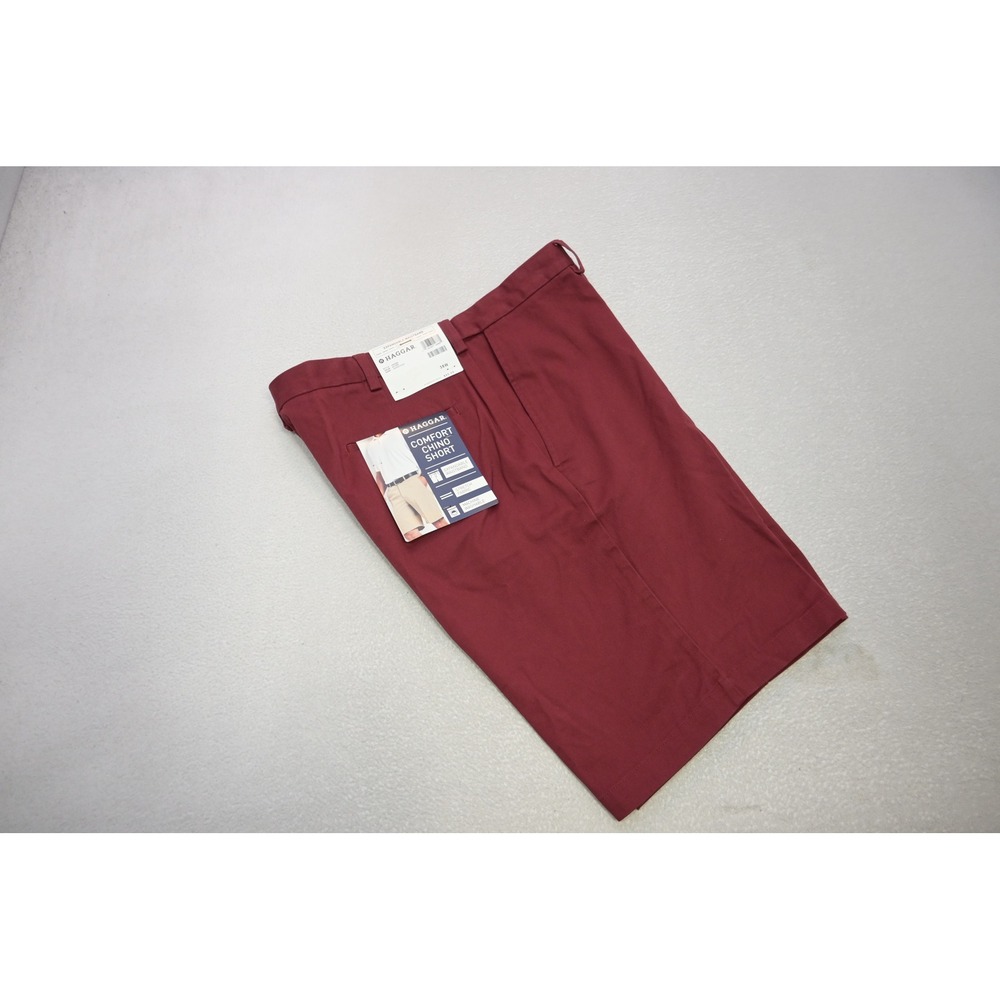 Haggar Comfort Chino Shorts Mens 38 Burgundy Expandable Waist Flat Front New